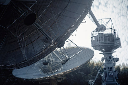 close-up of satellite dish, transmitting signals to earth, created with generative aiの素材