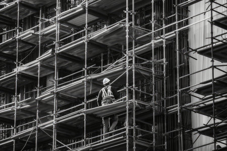 person, surrounded by scaffolding and busy at work on tall building, created with generative aiの素材