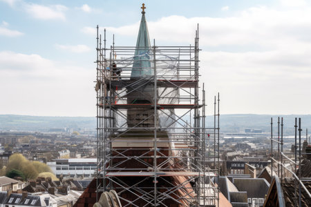scaffolding rising to the top of a church steeple, with views of the surrounding city, created with generative aiの素材