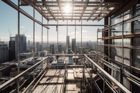 scaffolding with view of the city skyline, surrounded by modern buildings and skylights, created with generative aiの素材