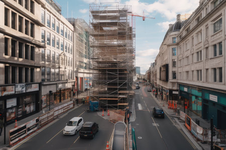 scaffolding with view of busy city street, with pedestrians and cars in the foreground, created with generative aiの素材