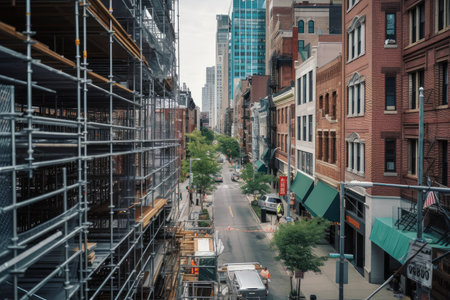 scaffolding, with view of busy city street, surrounded by bustling urban environment, created with generative aiの素材