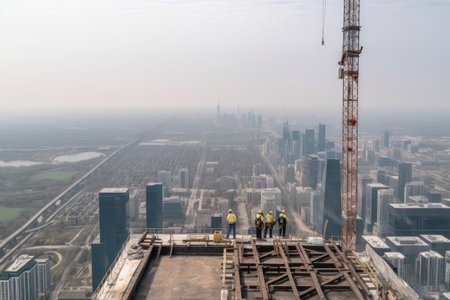 panoramic view of skyscrapers with scaffolding and construction workers visible, created with generative aiの素材