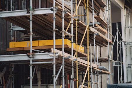 close-up of scaffolding with tools hanging on the side in construction site, created with generative aiの素材