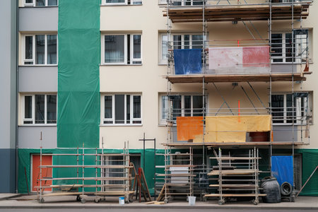 scaffoldings with painting supplies on a building exterior, created with generative aiの素材