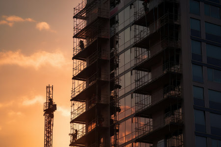 high-rise building with scaffolding and work crew at sunset, created with generative aiの素材