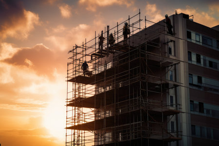 high-rise building with scaffolding and work crew at sunset, created with generative aiの素材