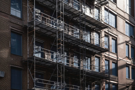 close-up of metal scaffolding against brick facade, created with generative aiの素材