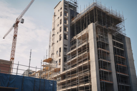 construction site with scaffolding and crane towering over the building, created with generative aiの素材