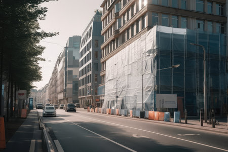 view of busy city street with scaffolding and tarps near modern office building, created with generative aiの素材