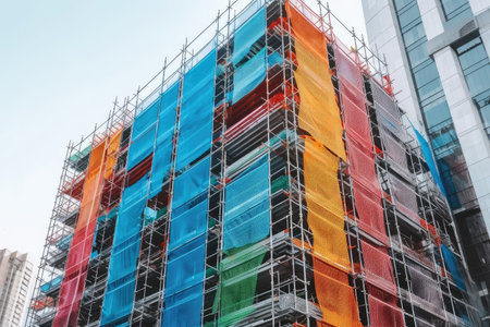 brightly colored scaffolding against the backdrop of modern skyscraper, created with generative aiの素材