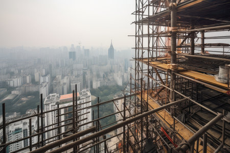 scaffolding tower with view of modern cityscape, with skyscrapers and towering buildings visible in the background, created with generative aiの素材