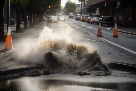 sewer pipe bursting, with water and debris rushing out onto the street, created with generative aiの素材