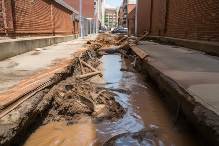 raw sewage flowing from broken pipe onto the sidewalk, created with generative aiの素材