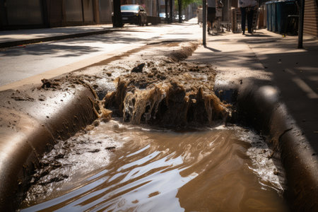 sewer breach overflowing onto the sidewalk, with pool of dirty water spreading, created with generative aiの素材
