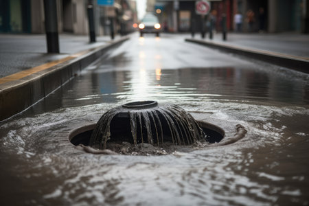 sewer water overflowing from manhole, spilling onto the pavement, created with generative aiの素材