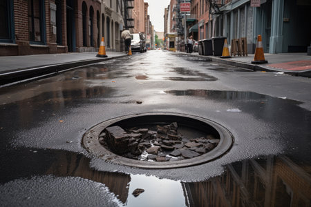 sewer water overflowing from manhole, spilling onto the pavement, created with generative aiの素材