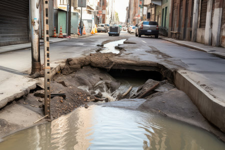 sewer breakthrough, overflowing with raw sewage, spilling into street, created with generative aiの素材