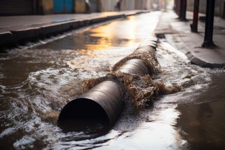 sewer water gushing from broken pipe, flooding the street, created with generative aiの素材