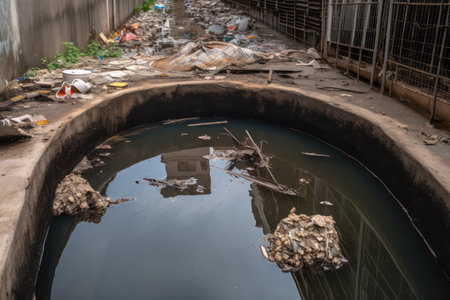 clear sewer pool, with trash and debris floating on the surface, created with generative aiの素材