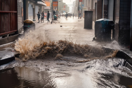 sewer water spilling onto the street, with people running away in fear, created with generative aiの素材