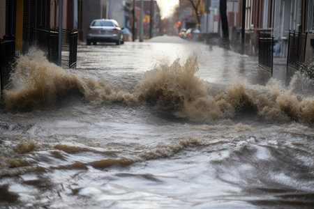 water from sewer break rushes down the street, forming a rushing river, created with generative aiの素材