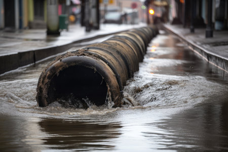 sewer gushing from broken pipe, flooding the street, created with generative aiの素材