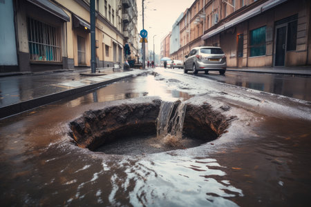sewer water gushing out of broken pipe, forming large puddle on the street, created with generative aiの素材