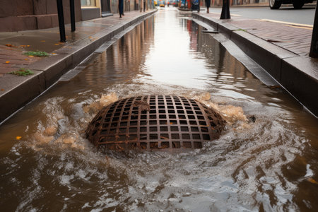 sewer water bursting through a manhole cover and flooding the street, created with generative aiの素材