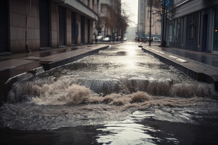 sewer water overflowing on the street during heavy rainstorm, created with generative aiの素材