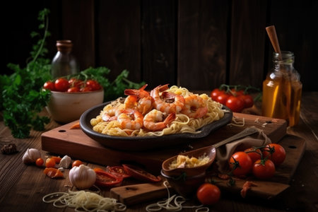 pasta with shrimps and cherry tomatoes on wooden board, created with generative aiの素材