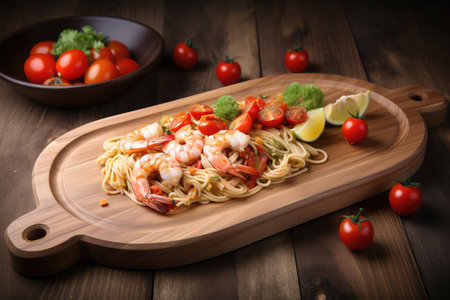 pasta with shrimps and cherry tomatoes on wooden board, created with generative aiの素材