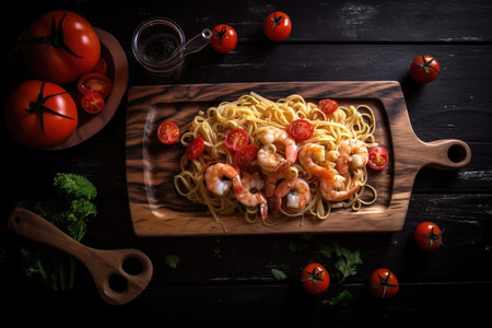 pasta with shrimps and cherry tomatoes on wooden board, created with generative aiの素材