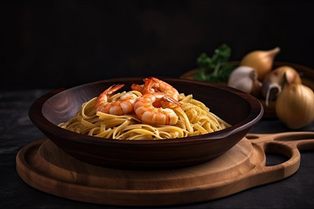 pasta with shrimps and scampi sauce on wooden plate, created with generative aiの素材