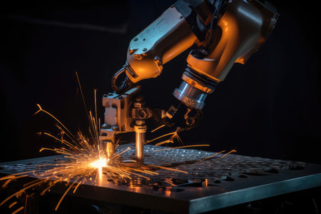 robotic arm welding precise metal joints with high-speed torch, created with generative aiの素材