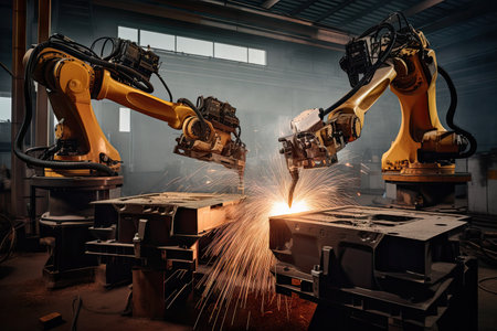 team of precision welding robots working together on complex metal structure, created with generative aiの素材