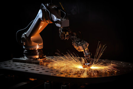 precision welding robot, with its arm in motion, performing intricate weld on metal surface, created with generative aiの素材