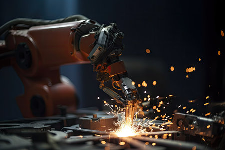close-up of welding robot, with sparks flying and metal melting, created with generative aiの素材