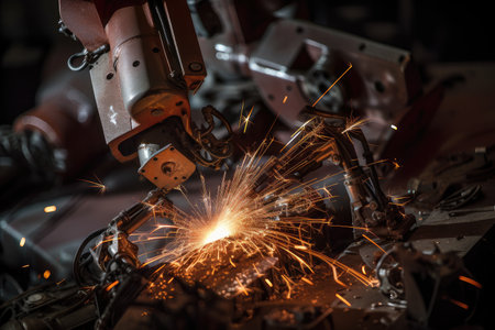 close-up of welding robot, with sparks flying and metal melting, created with generative aiの素材