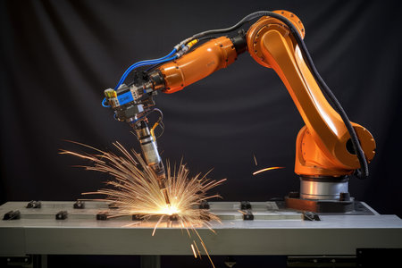 precision welding robot, with its arm in motion, welding two metal plates together, created with generative aiの素材