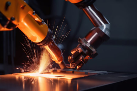 close-up of precision welding robot arm with welding torch in motion, created with generative aiの素材