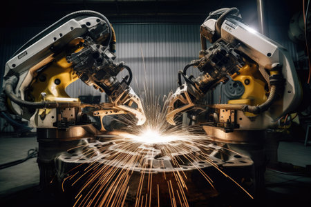 two precision welding robots working in tandem, forming intricate and delicate welds, created with generative aiの素材
