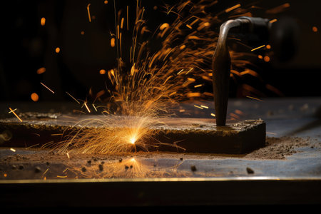 close-up of welding nozzle on metal plate, with molten sparks flying, created with generative aiの素材