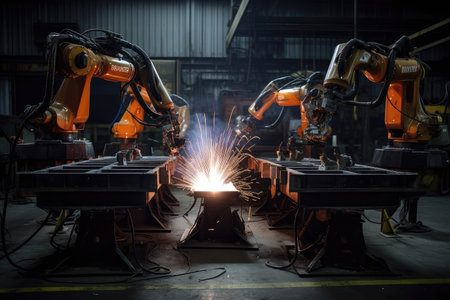 a group of welding robots working in unison to create a complex welded structure, created with generative aiの素材