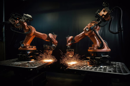 series of high-speed precision welding robots working together to create intricate metal sculptures, created with generative aiの素材