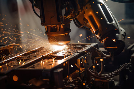 close-up of precision welding robot, with sparks flying from the heated metal, created with generative aiの素材