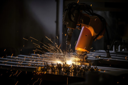 close-up of precision welding robot, with sparks flying from the heated metal, created with generative aiの素材