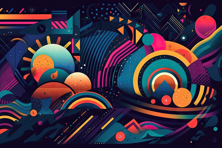 psychedelic typography and lettering on abstract background of geometric shapes, created with generative aiの素材