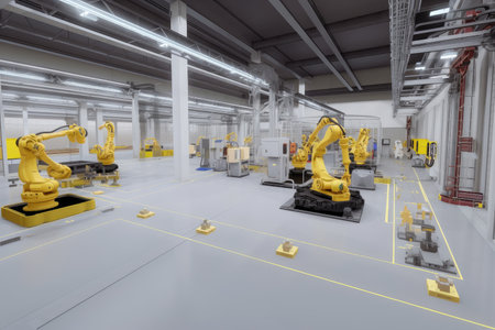 vr simulation of factory floor, with robotic arms and vehicles moving product from one area to another, created with generative aiの素材