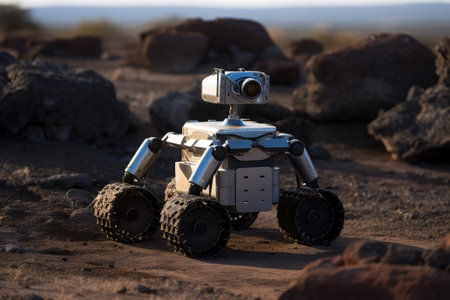 robot, with its simulated environment and surroundings, programmed for navigation of unknown terrain, created with generative aiの素材